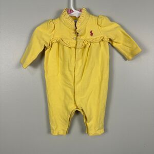 Ralph Lauren Baby Girl 3 Months Yellow Long Sleeve Romper Pink Ruffle Bodysuit